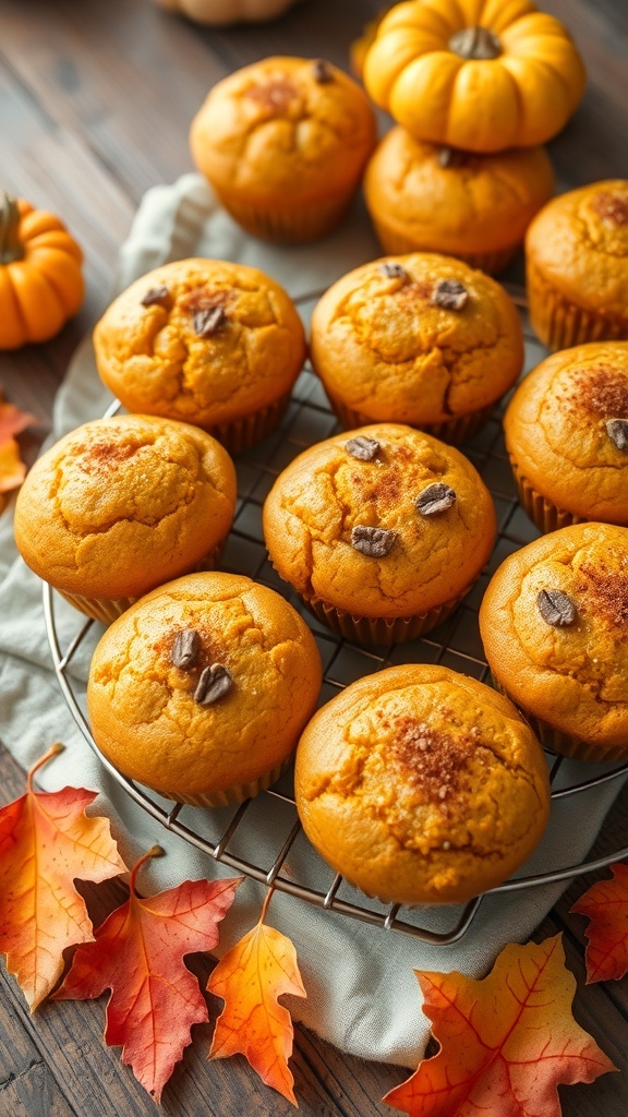 Pumpkin Spice Muffins Recipe Freshly baked pumpkin spice muffins on a wooden table with autumn decorations.